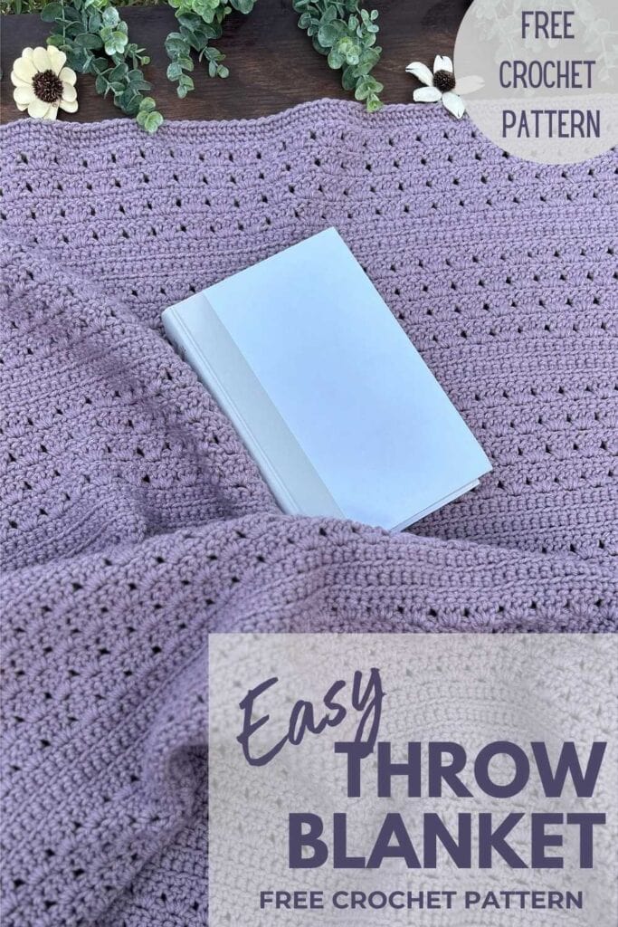 purple crochet throw blanket with book and greenery, text reads "Free Crochet Pattern, Easy Throw Blanket Free Crochet Pattern"