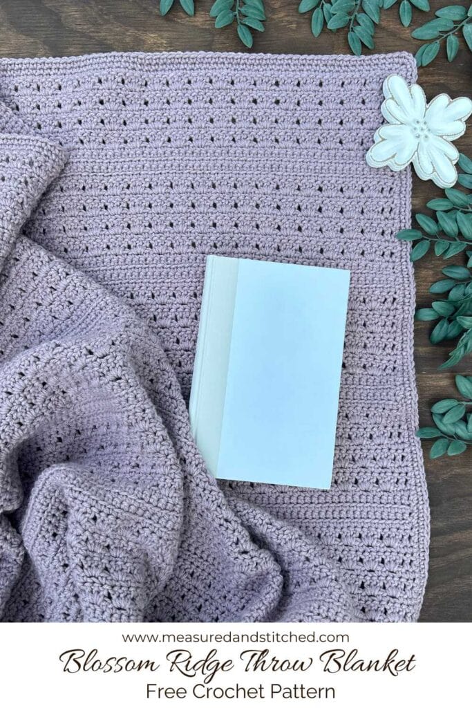 purple shell stitch crochet throw blanket, text reads "www.measuredandstitched.com, Blossom Ridge Throw Blanket, Free Crochet Pattern"