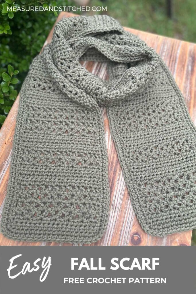 easy fall scarf on outdoor table, text reads "Easy Fall Scarf, Free Crochet Pattern"