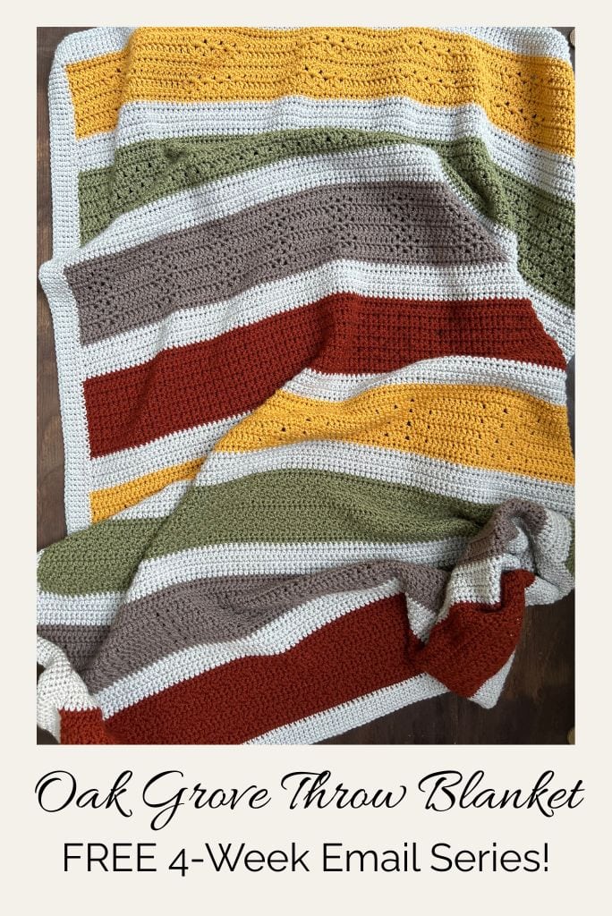 crochet striped stitch sampler throw blanket, text reads "Oak Grove Throw Blanket" Free 4-Week Email Series"