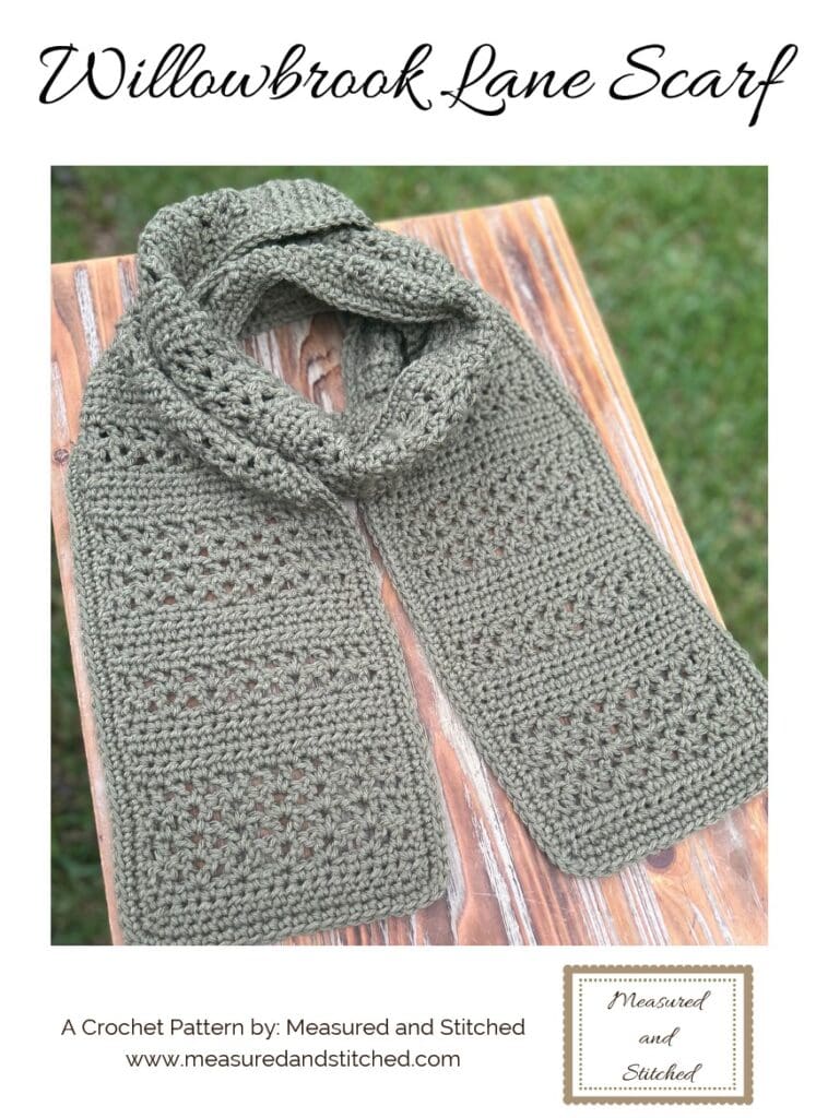 v-stitch scarf pattern cover, text reads "Willowbrook Lane Scarf, a crochet pattern by Measured and Stitched"