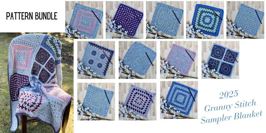 Granny Squares and Granny Square Blanket, text reads "Pattern Bundle, 2025 Granny Stitch Sampler Blanket"