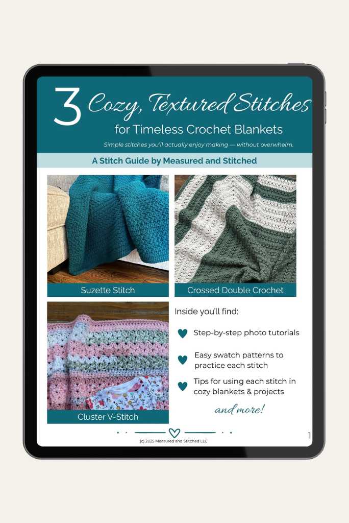Cover of stitch guide with three blanket photos. Guide Title is "3 Cozy, Textured Stitches for Timeless Crochet Blankets"
