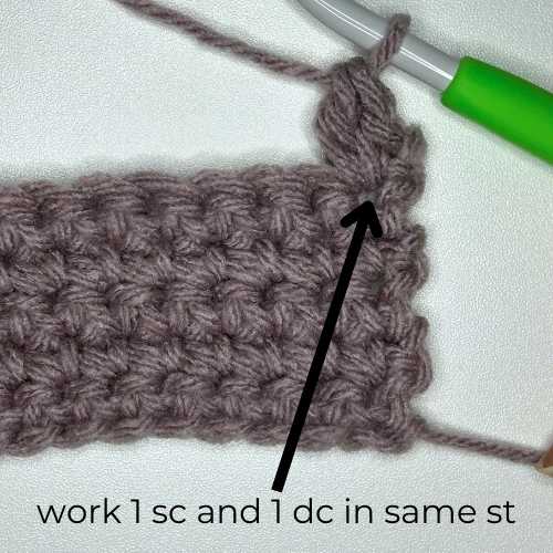 picture of Step 1, text reads "work 1 single crochet and 1 double crochet in same stitch"