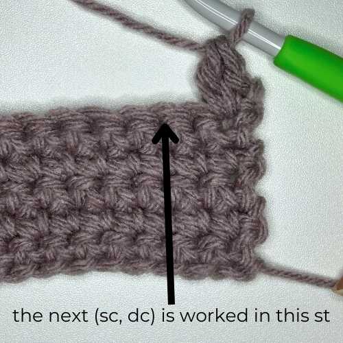 picture showing where next begins, text reads "the next (single crochet, double crochet) is worked in this stitch"