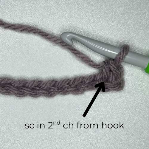 start of Suzette Stitch row, text reads "single crochet in second chain from hook"