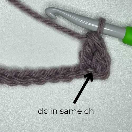 start of Suzette Stitch row, text reads "double crochet in same chain"