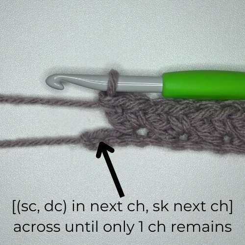 end of row of Suzette stitches, text reads "[(single crochet, double crochet) in next chain, skip next ch] across until only one chain remains"