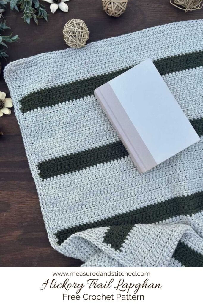 linked half double crochet throw blanket, text reads "www.measuredandstitched.com, Hickory Trail Lapghan, Free Crochet Pattern"