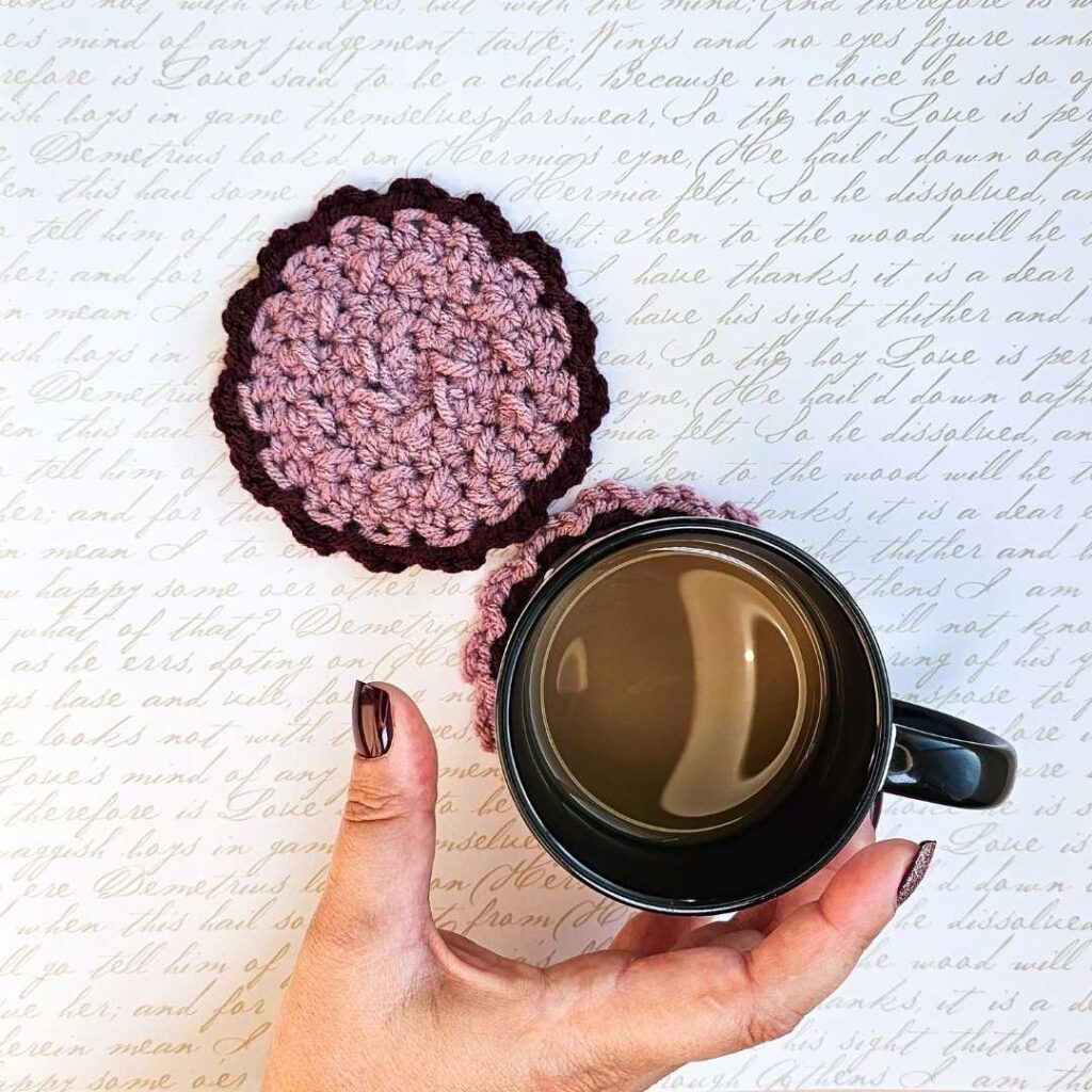 crochet coaster in a morning coffee setting