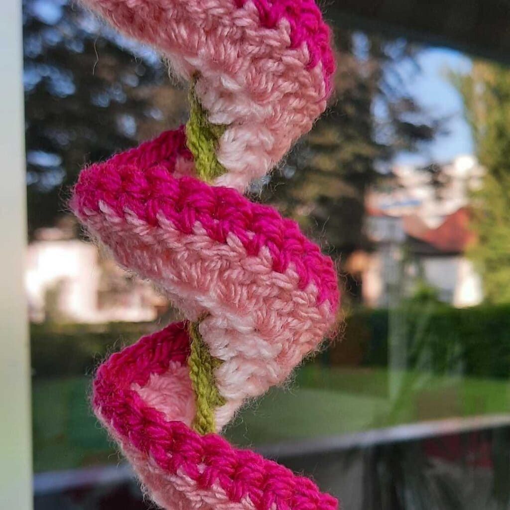 closeup of crochet wind spinner