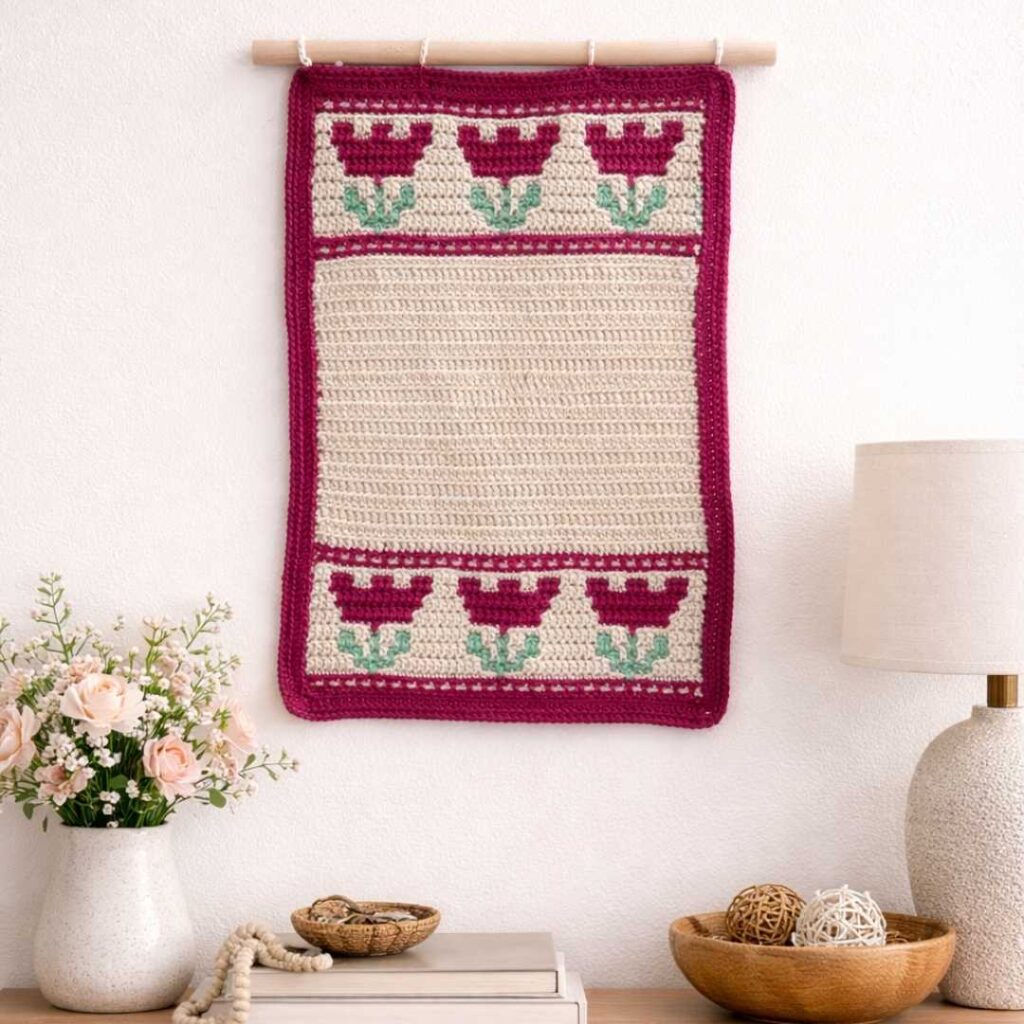 crochet mosaic tulip wall hanging in cozy home setting