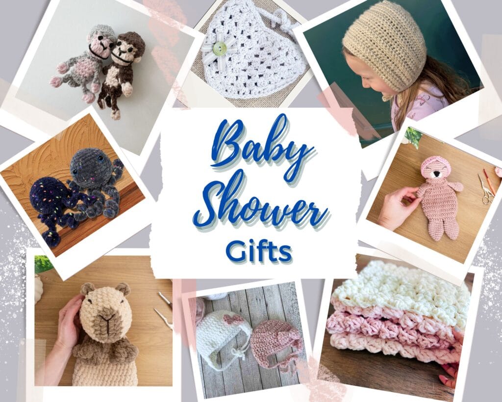 assorted pictures of crochet baby shower items, text reads "Baby Shower Gifts"